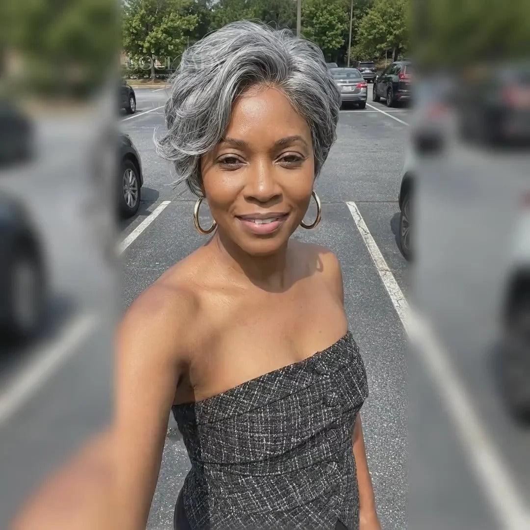 Lena | Instant Salt & Pepper Edgy Pixie Cut Wig Natural Wave Human Hair Glueless Wigs
