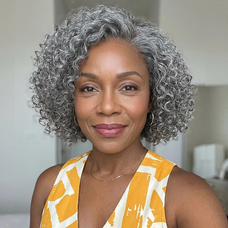 Ruby | Short Jerry Curly Gray Wig | Real Salt & Pepper Human Hair Glueless Lace Wigs Mature & Stylish