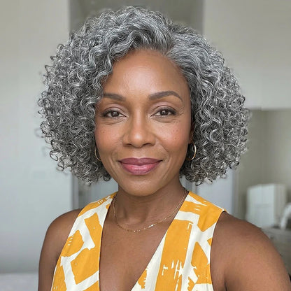 Ruby | Short Jerry Curly Gray Wig | Real Salt & Pepper Human Hair Glueless Lace Wigs Mature & Stylish