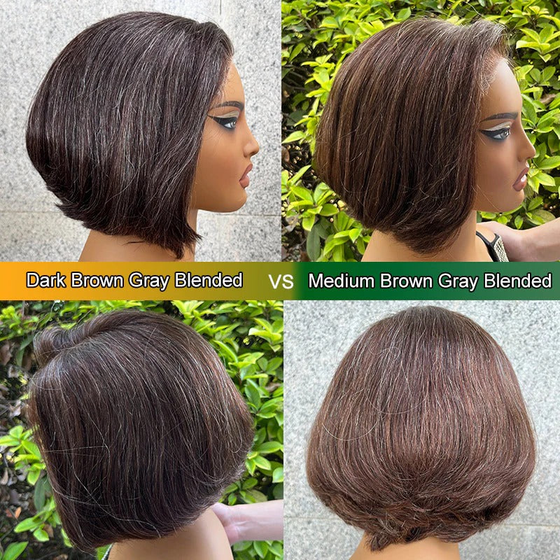 Cicely | Wear & Go Bob Wig | Chic Brown With Gray Blends Natural Wavy Human Hair Layered Glueless Lace Wigs
