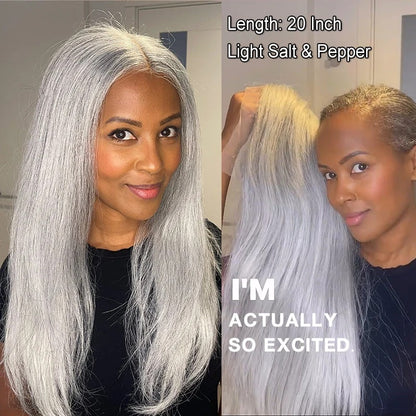 Marshana | Silver Luxe Gray 13x4 HD Lace Full Frontal Wig Straight Human Hair Salt And Pepper Wig For Women