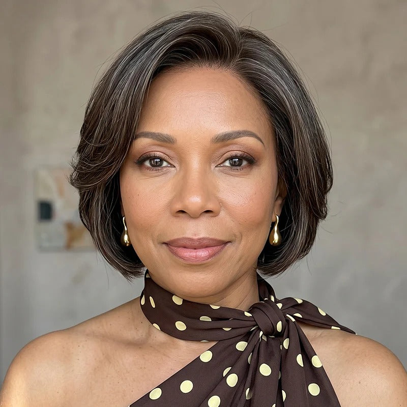 Cicely | Wear & Go Bob Wig | Chic Brown With Gray Blends Natural Wavy Human Hair Layered Glueless Lace Wigs