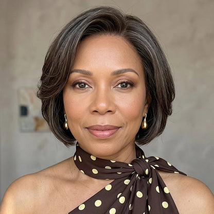 Cicely | Wear & Go Bob Wig | Chic Brown With Gray Blends Natural Wavy Human Hair Layered Glueless Lace Wigs