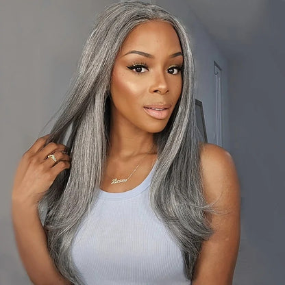 Marshana | Silver Luxe Gray 13x4 HD Lace Full Frontal Wig Straight Human Hair Salt And Pepper Wig For Women