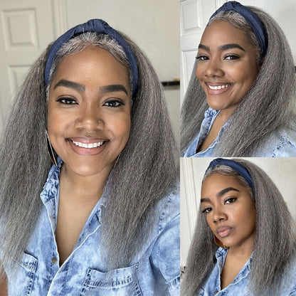Rebecca | Salt And Pepper Kinky Straight Human Hair 3/4 Half Wig Kinky Blow Out Glueless 3 In 1 Wigs