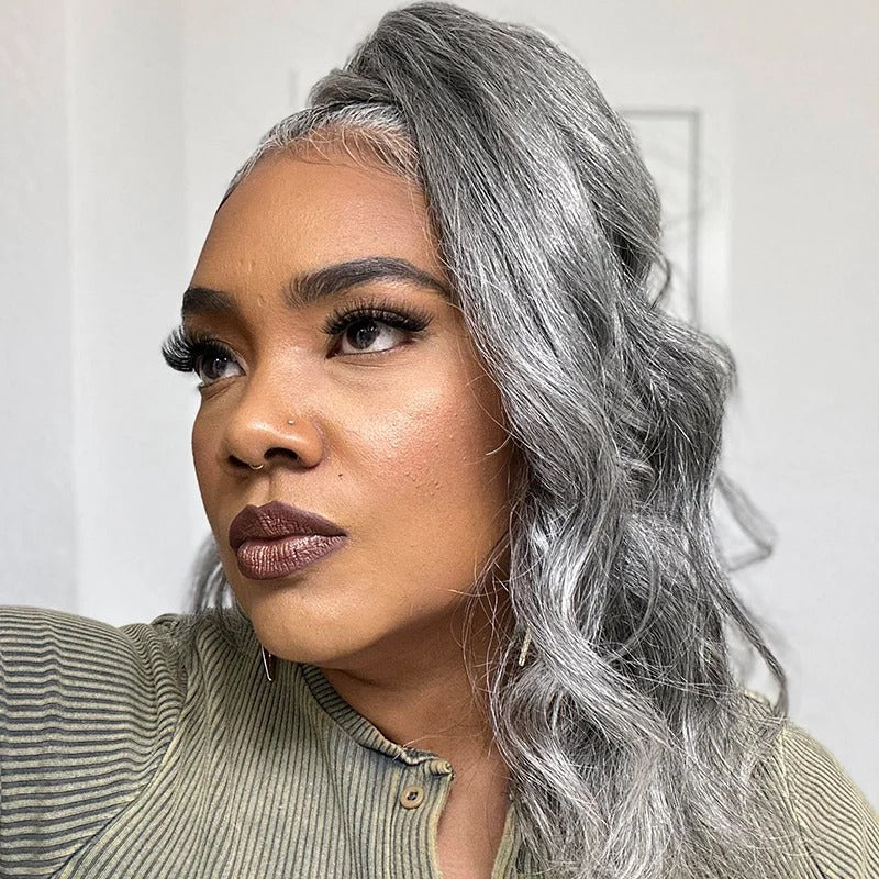 Karen | Salt And Pepper Human Hair Ponytail Extensions Silver Gray Body Wave Drawstring PonyTail Hair