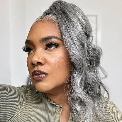 Karen | Salt And Pepper Human Hair Ponytail Extensions Silver Gray Body Wave Drawstring PonyTail Hair