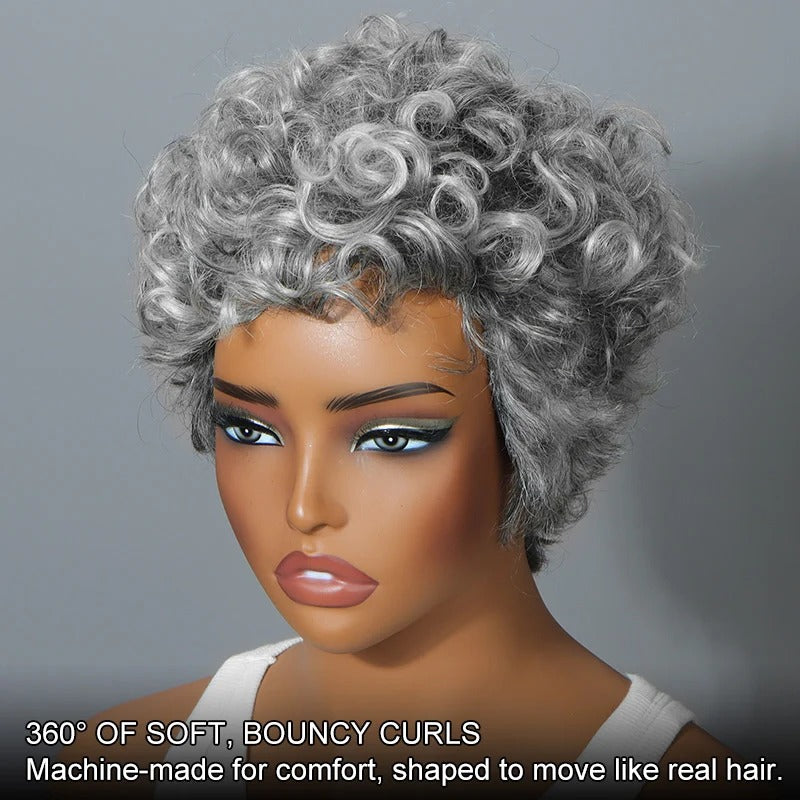 Ivy | Glueless Salt and Pepper Short Curly Pixie Wig - Pre-Styled Human Hair Wig for Mature Women