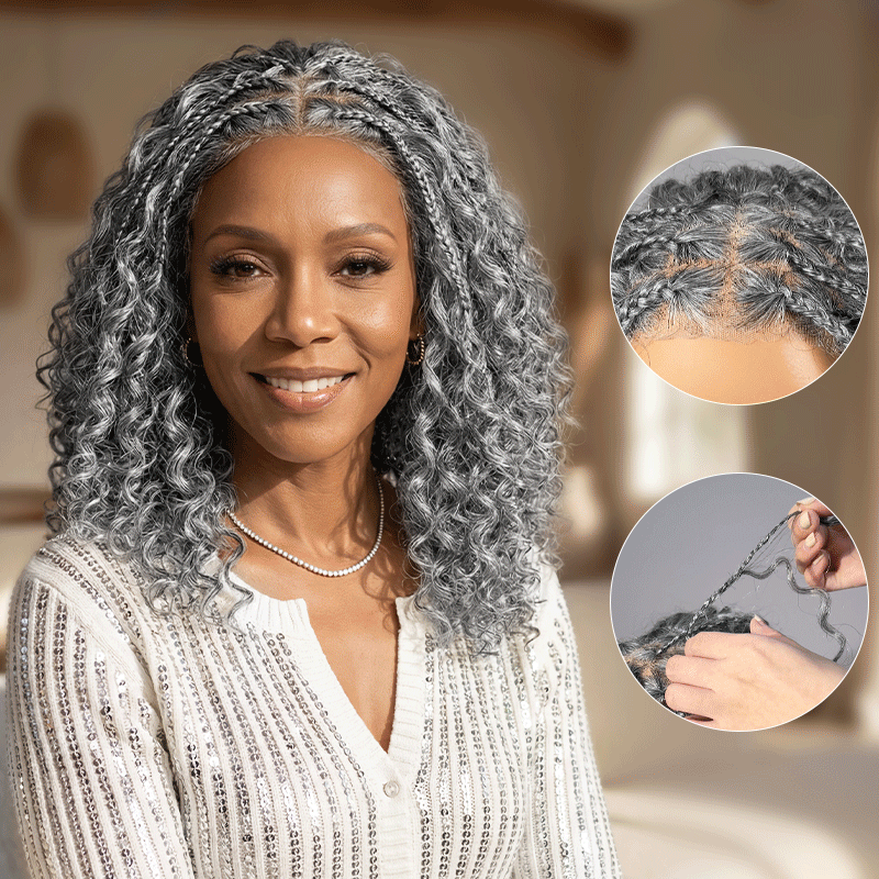 Laura | Boho Braided Curly Human Hair Salt And Pepper Wig Glueless 5x5 Lace Closure Wig with Braided Top