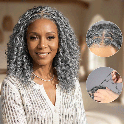 Laura | Boho Braided Curly Human Hair Salt And Pepper Wig Glueless 5x5 Lace Closure Wig with Braided Top