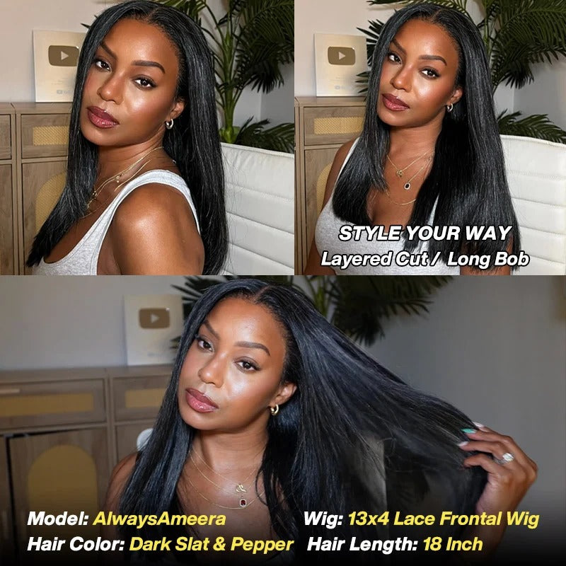 Zora | Trendy Dark Salt And Pepper Straight Human Hair Full Frontal 13x4 HD Lace Wig For Women