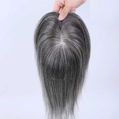 Salt and Pepper 5"x5" Swiss Lace Toppers with Clips Hair Piece Straight Human Hair