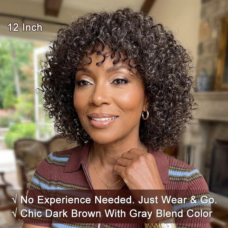 Judy | Dark Brown Mixed Gray Short Curly Wig with Bangs 100% Human Hair Wear and Go Glueless Bob Wig