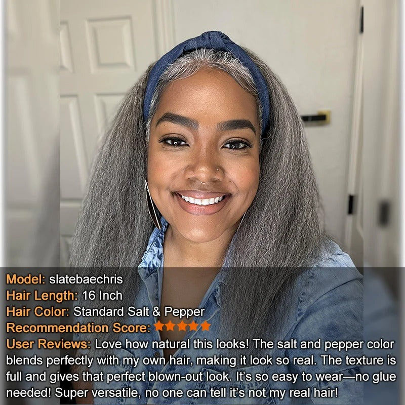 Rebecca | Salt And Pepper Kinky Straight Human Hair 3/4 Half Wig Kinky Blow Out Glueless 3 In 1 Wigs