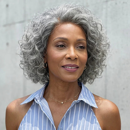 Janet | Chic Salt & Pepper Loose Curly Bob Silver Gray Human Hair Glueless Wigs For Women