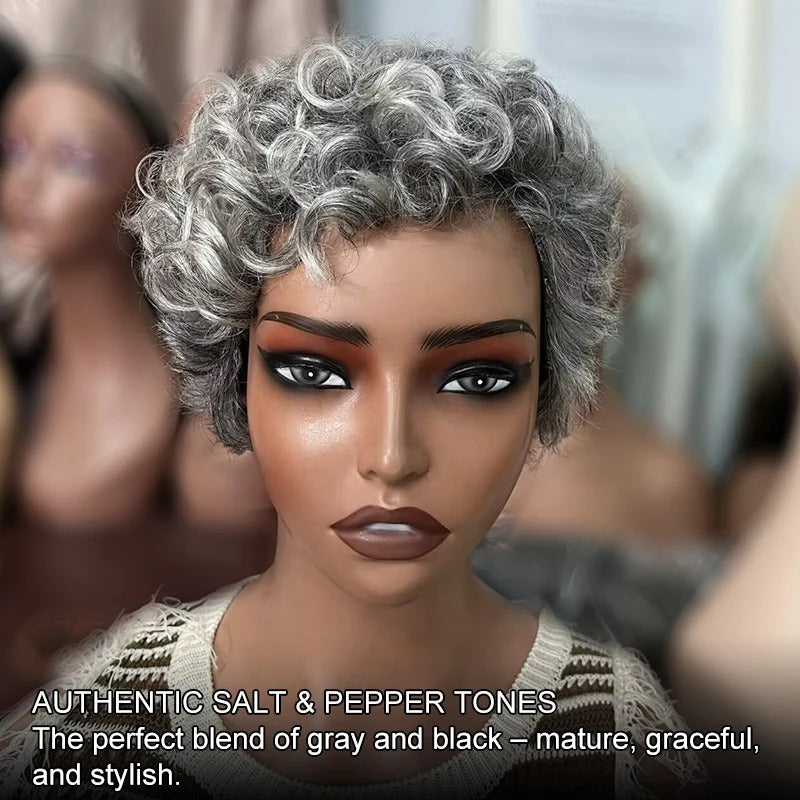 Ivy | Glueless Salt and Pepper Short Curly Pixie Wig - Pre-Styled Human Hair Wig for Mature Women