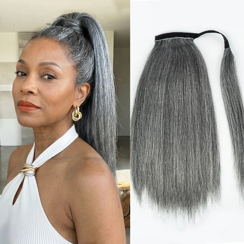 Kathy | Salt and Pepper Wrap Around Ponytail Straight Human Hair Extension – Natural Gray Blend Ponytail Hair Piece for Women