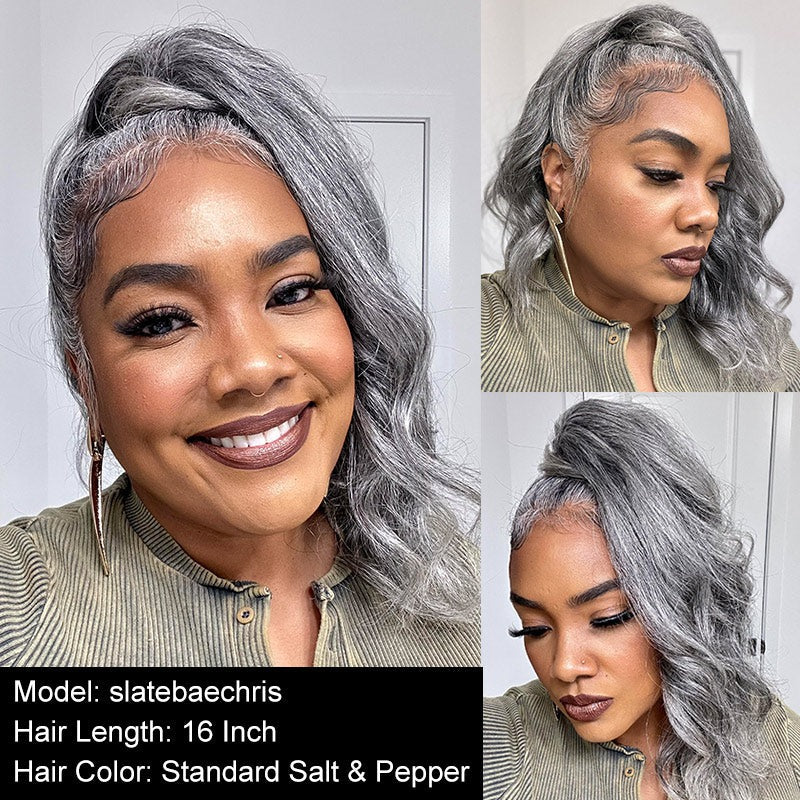 Karen | Salt And Pepper Human Hair Ponytail Extensions Silver Gray Body Wave Drawstring PonyTail Hair