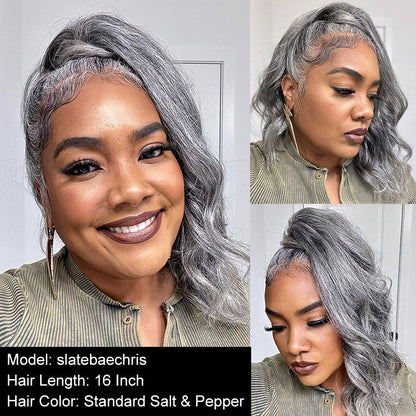 Karen | Salt And Pepper Human Hair Ponytail Extensions Silver Gray Body Wave Drawstring PonyTail Hair