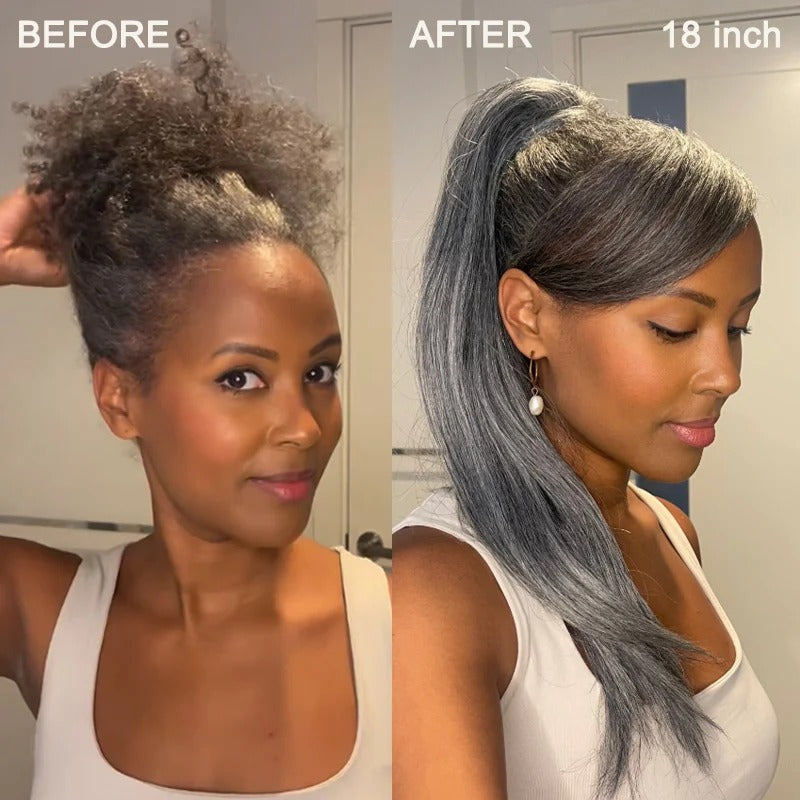 Ashley | Timeless Silver Gray Drawstring Ponytail Hair Salt And Pepper Straight Human Hair Extensions