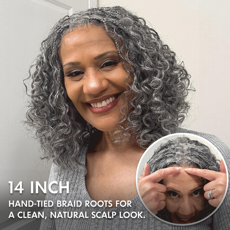 Laura | Boho Braided Curly Human Hair Salt And Pepper Wig Glueless 5x5 Lace Closure Wig with Braided Top