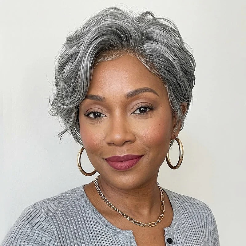 Lena | Instant Salt & Pepper Edgy Pixie Cut Wig Natural Wave Human Hair Glueless Wigs
