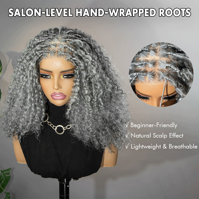 Maggie | Salt & Pepper Boho Curly Human Hair Wig With Hand-Wrapped Root For A Real Scalp Look