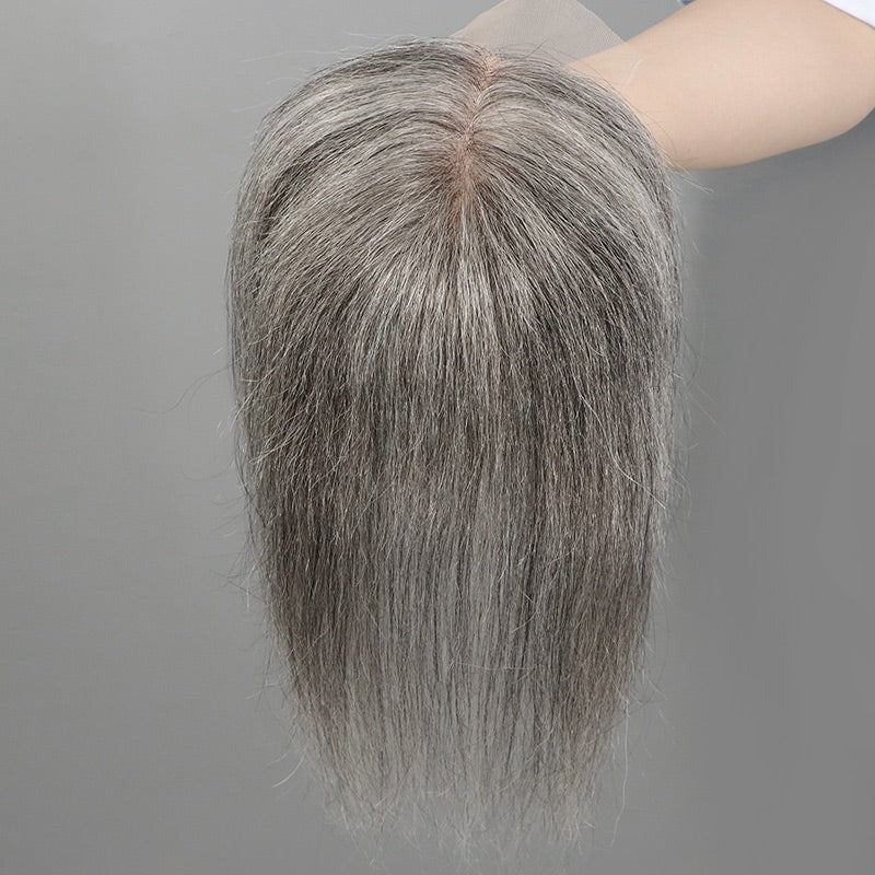 Salt and Pepper 5"x5" Swiss Lace Toppers with Clips Hair Piece Straight Human Hair