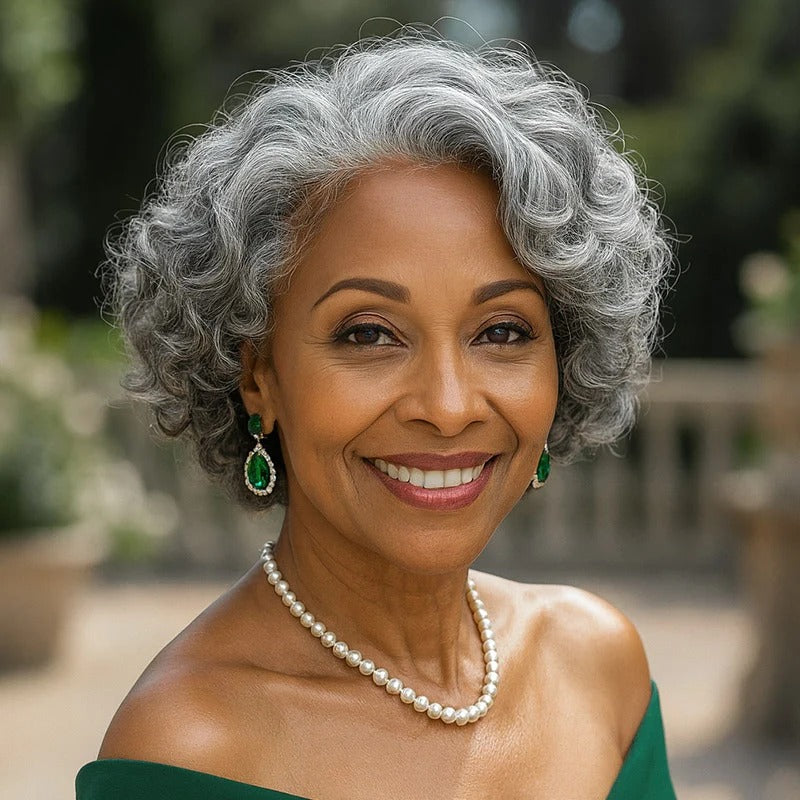 Janet | Chic Salt & Pepper Loose Curly Bob Silver Gray Human Hair Glueless Wigs For Women