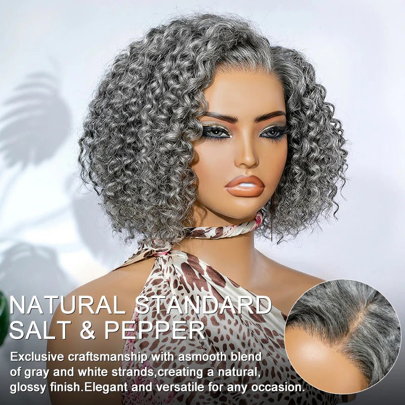 Ruby | Short Jerry Curly Gray Wig | Real Salt & Pepper Human Hair Glueless Lace Wigs Mature & Stylish