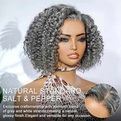 Ruby | Short Jerry Curly Gray Wig | Real Salt & Pepper Human Hair Glueless Lace Wigs Mature & Stylish