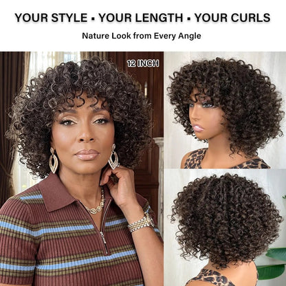 Judy | Dark Brown Mixed Gray Short Curly Wig with Bangs 100% Human Hair Wear and Go Glueless Bob Wig