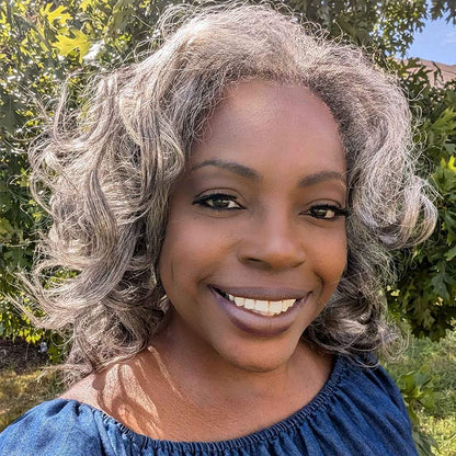 Rebecca | Salt And Pepper Kinky Straight Human Hair 3/4 Half Wig Kinky Blow Out Glueless 3 In 1 Wigs