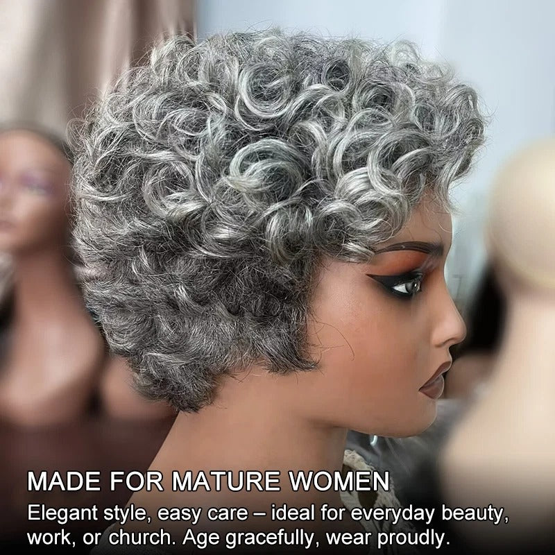 Ivy | Glueless Salt and Pepper Short Curly Pixie Wig - Pre-Styled Human Hair Wig for Mature Women