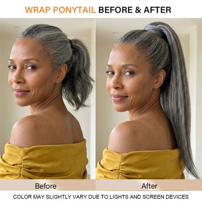 Kathy | Salt and Pepper Wrap Around Ponytail Straight Human Hair Extension – Natural Gray Blend Ponytail Hair Piece for Women
