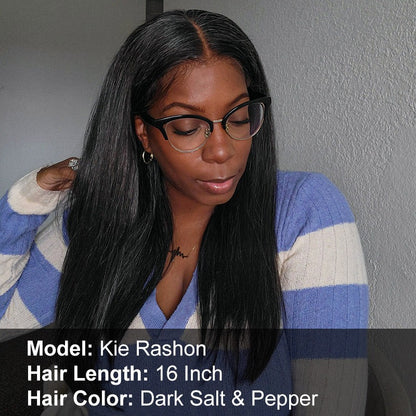 Zora | Trendy Dark Salt And Pepper Straight Human Hair Full Frontal 13x4 HD Lace Wig For Women