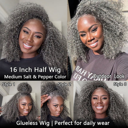 Kelly | Salt And Pepper Blend Afro Curly Human Hair 3 In 1 Half Wig Ready To Go Glueless Wig For Women