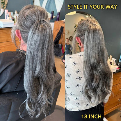 Ashley | Timeless Silver Gray Drawstring Ponytail Hair Salt And Pepper Straight Human Hair Extensions