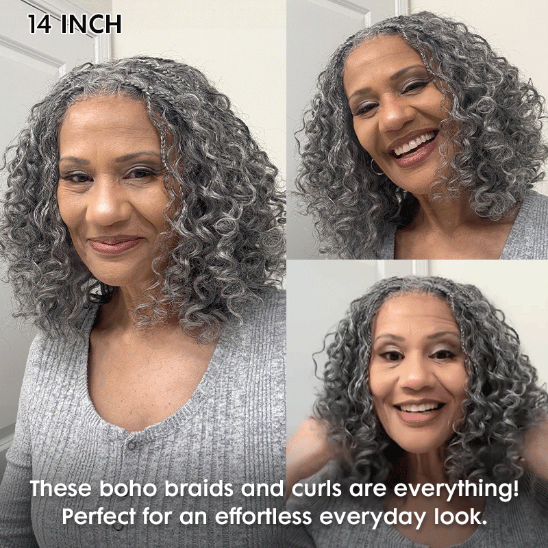 Laura | Boho Braided Curly Human Hair Salt And Pepper Wig Glueless 5x5 Lace Closure Wig with Braided Top