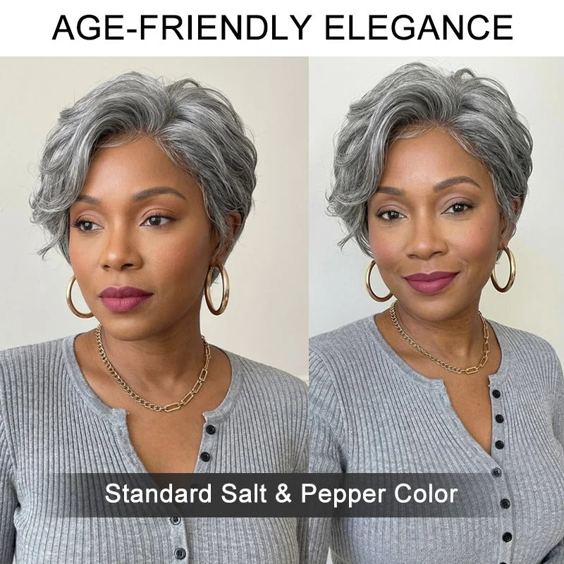 Lena | Instant Salt & Pepper Edgy Pixie Cut Wig Natural Wave Human Hair Glueless Wigs