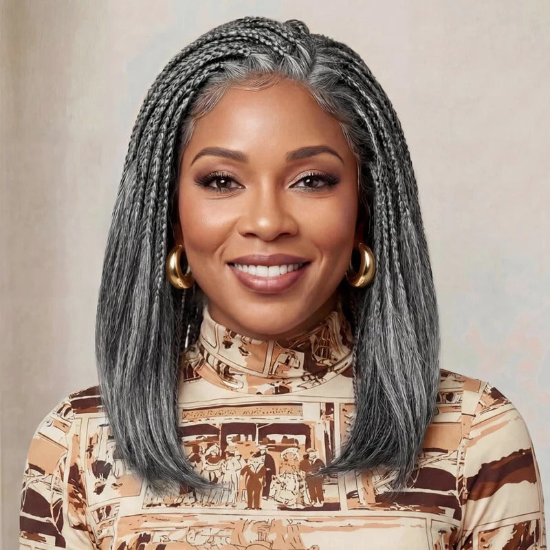 Melody | Salt & Pepper Boho Braid Wig Straight Hair 13x4 Full Frontal Wig - Half Cornrow, Half Loose Style