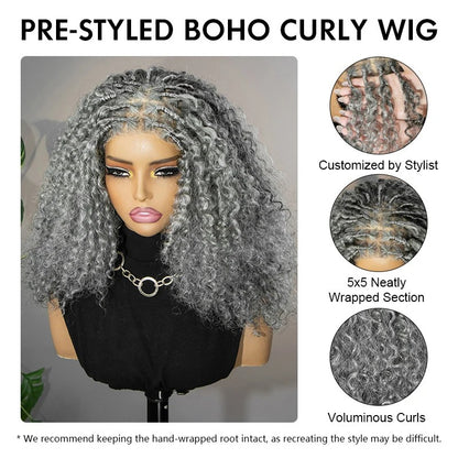 Maggie | Salt & Pepper Boho Curly Human Hair Wig With Hand-Wrapped Root For A Real Scalp Look