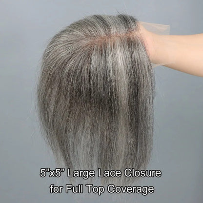 Salt and Pepper 5"x5" Swiss Lace Toppers with Clips Hair Piece Straight Human Hair