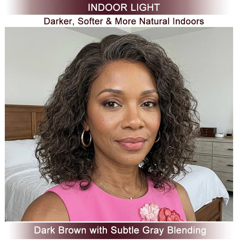 Sonya | Ready-to-Go Water Wave Bob - Dark Brown with Gray Blends Human Hair Glueless Lace Wig