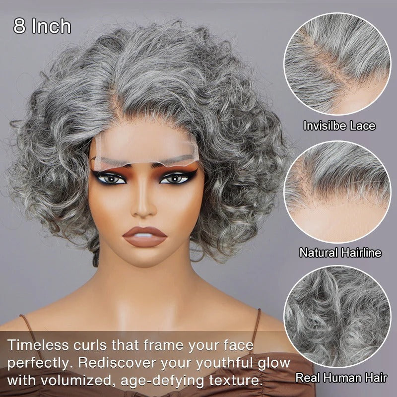 Janet | Chic Salt & Pepper Loose Curly Bob Silver Gray Human Hair Glueless Wigs For Women