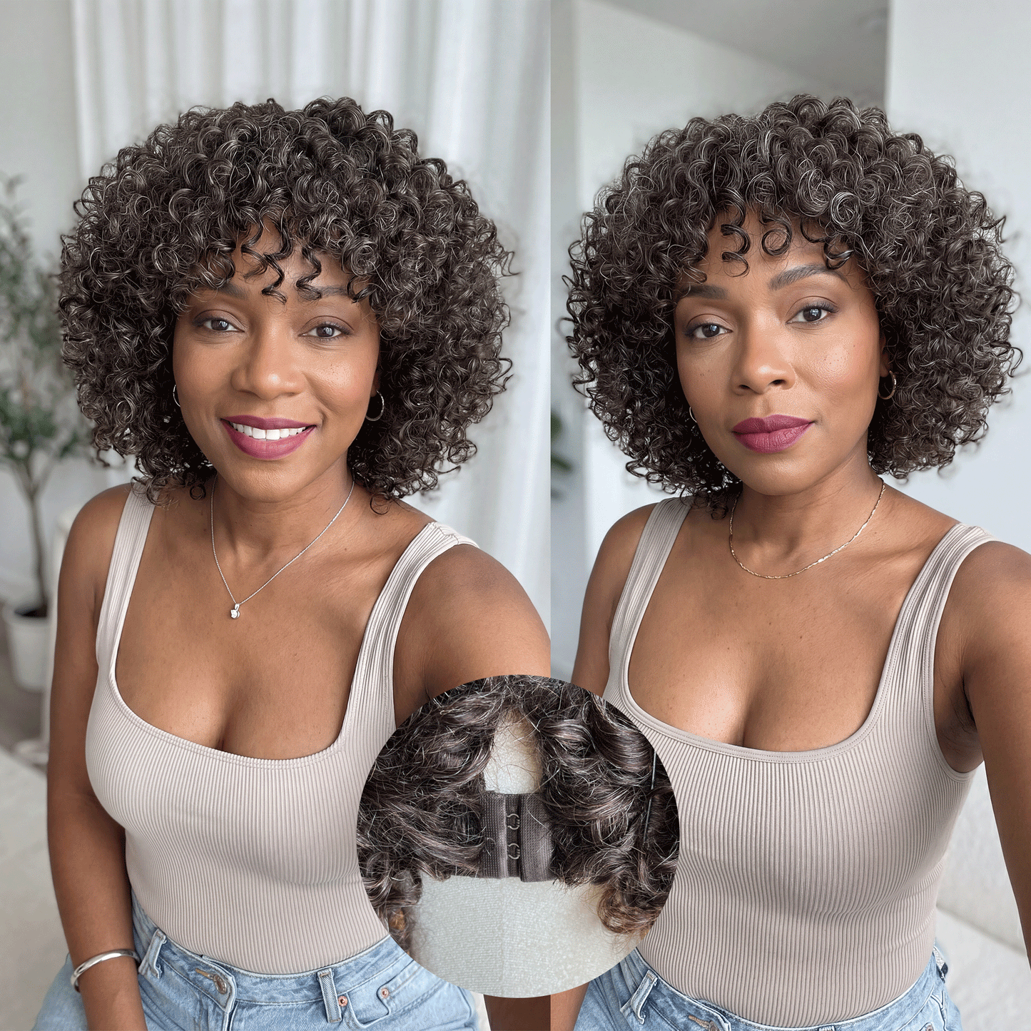 Judy | Dark Brown Mixed Gray Short Curly Wig with Bangs 100% Human Hair Wear and Go Glueless Bob Wig