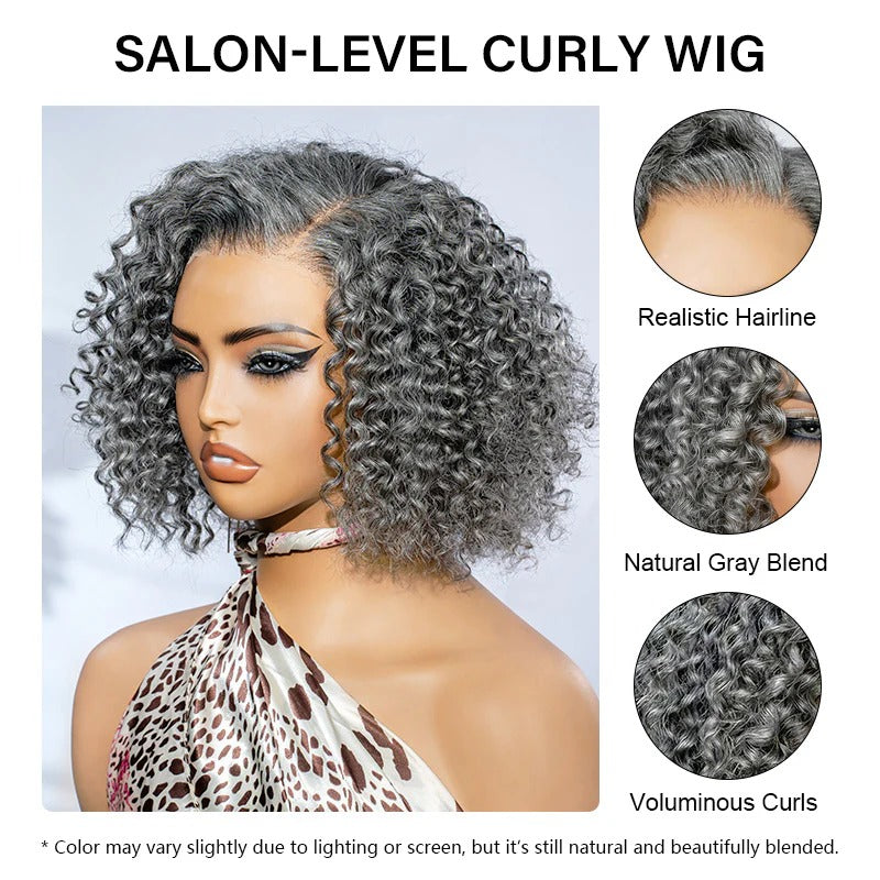 Ruby | Short Jerry Curly Gray Wig | Real Salt & Pepper Human Hair Glueless Lace Wigs Mature & Stylish