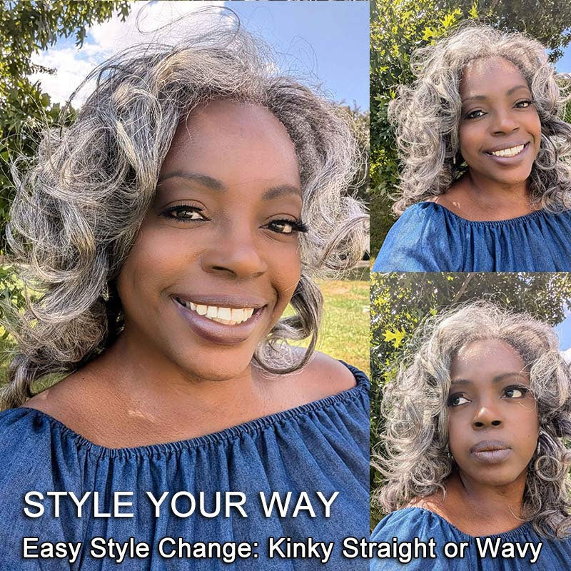 Rebecca | Salt And Pepper Kinky Straight Human Hair 3/4 Half Wig Kinky Blow Out Glueless 3 In 1 Wigs