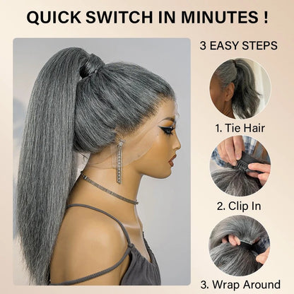 Kathy | Salt and Pepper Wrap Around Ponytail Straight Human Hair Extension – Natural Gray Blend Ponytail Hair Piece for Women