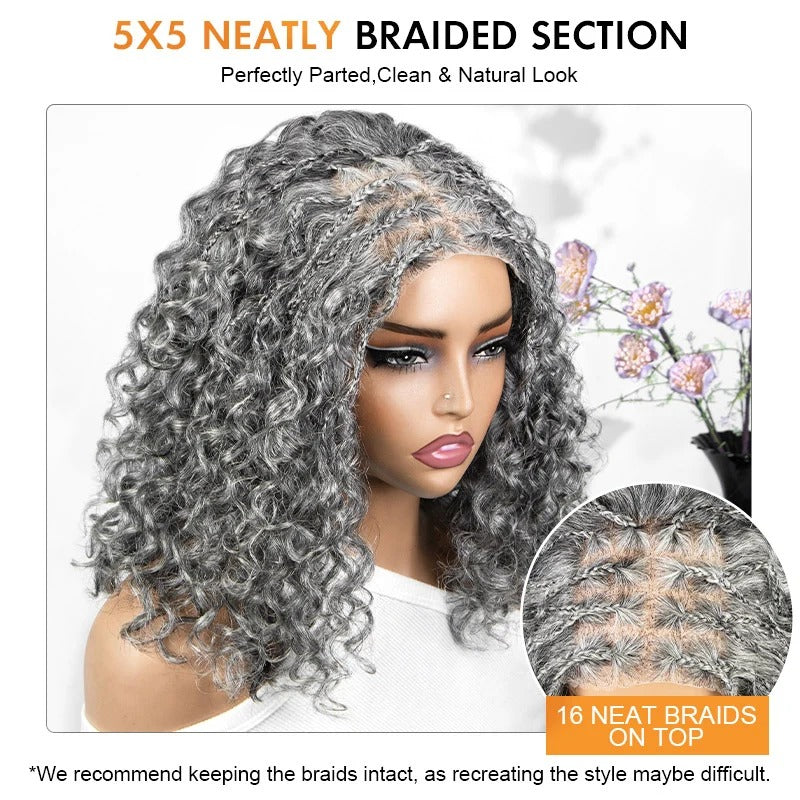 Laura | Boho Braided Curly Human Hair Salt And Pepper Wig Glueless 5x5 Lace Closure Wig with Braided Top
